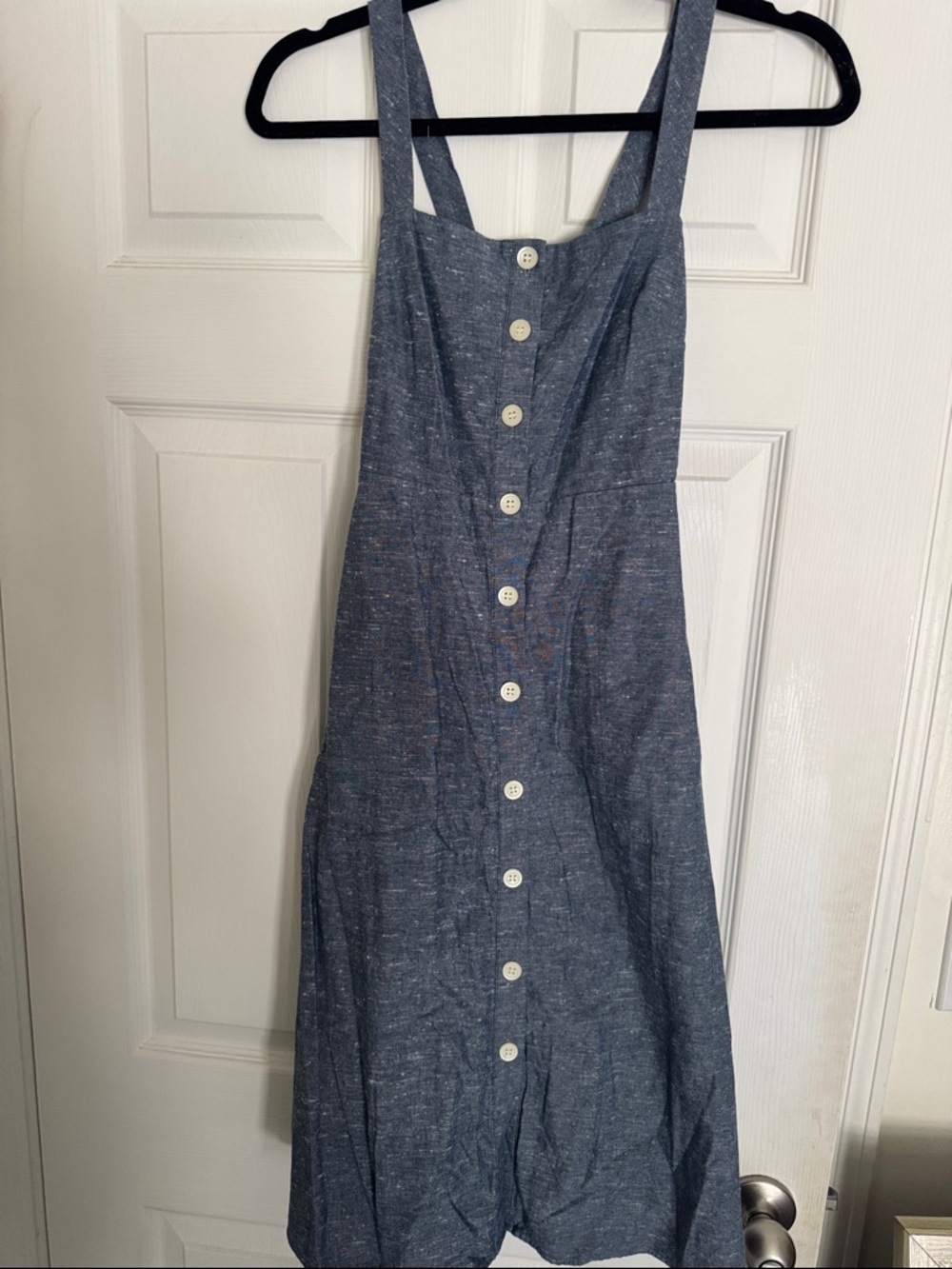 Madewell Blue Apron Dress with Buttons and Crisscross back and pockets. Size 0.